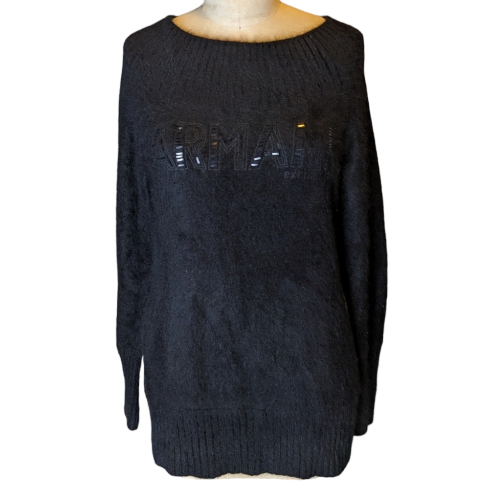 Armani Exchange Fuzzy Soft Angora Black Sweater With Beaded Branding Women's LG
